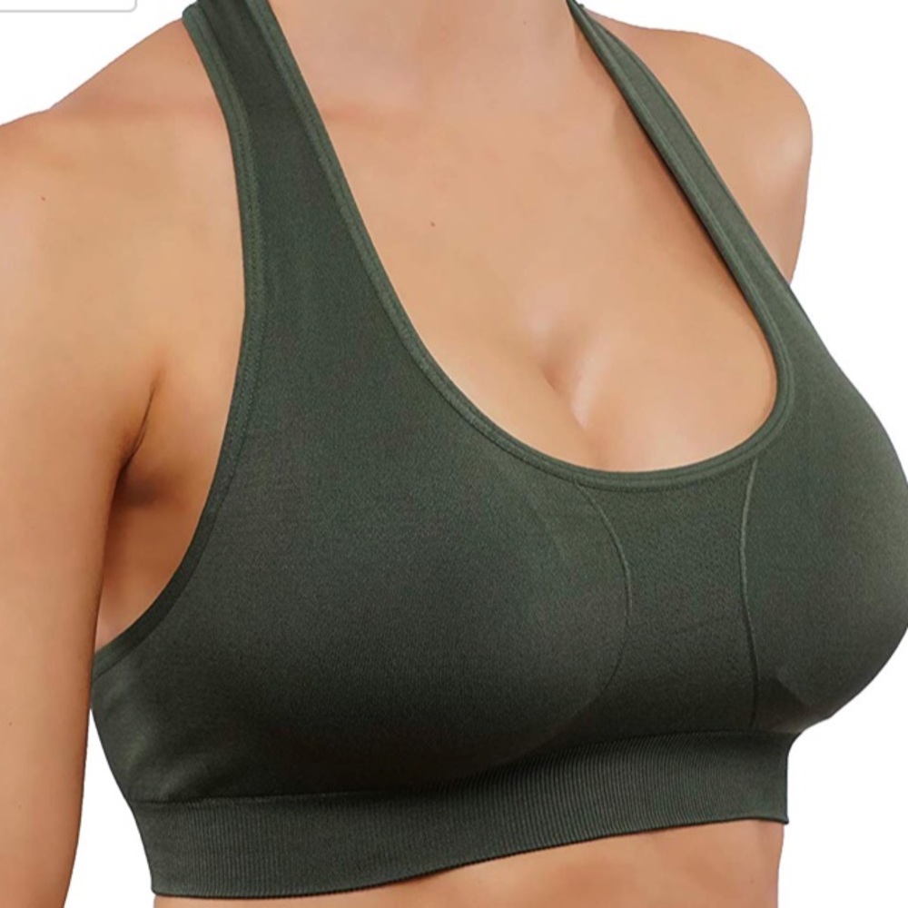 Stylish T- Back design sports bra in olive green